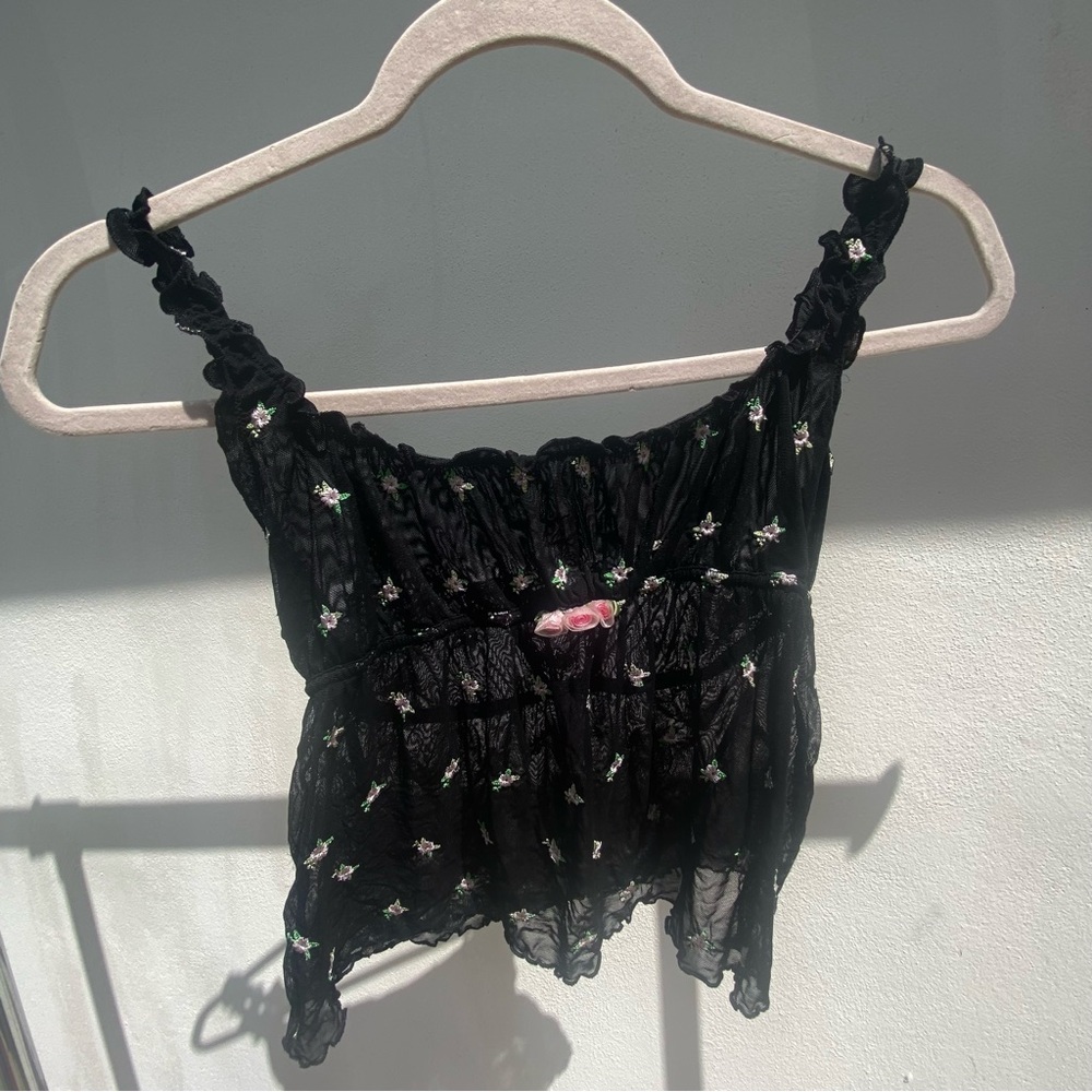 Y2K RARE Victoria’s Secret Black Floral Embroidered Babydoll Cami Top Size S - Picture 2 of 9